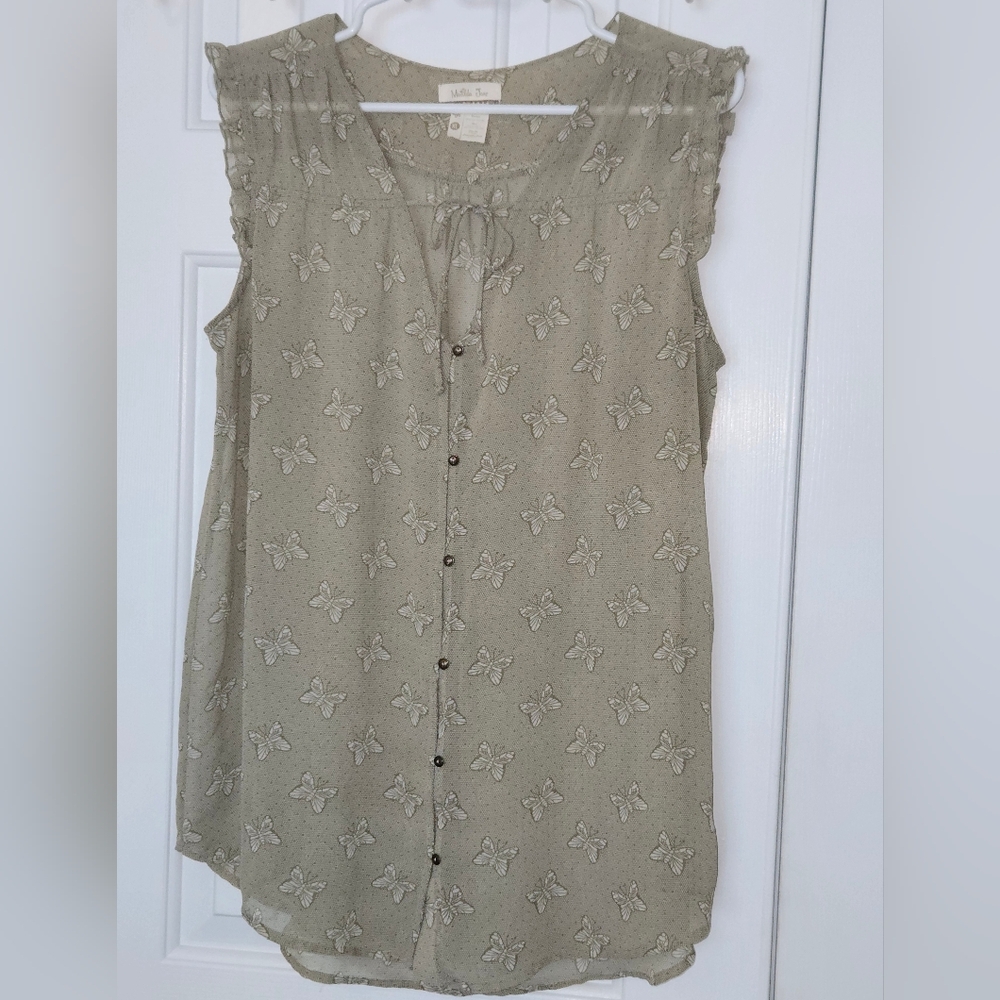 Matilda Jane Olive Green Butterfly Tie Button Front Sheer Ruffle Blouse Size XL